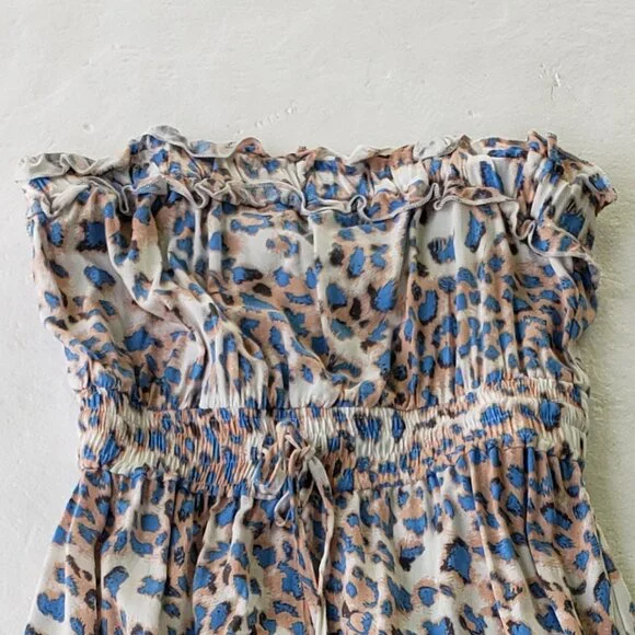 Strapless sun dress with a blue and tan animal print  Size Small - Picture 3 of 8